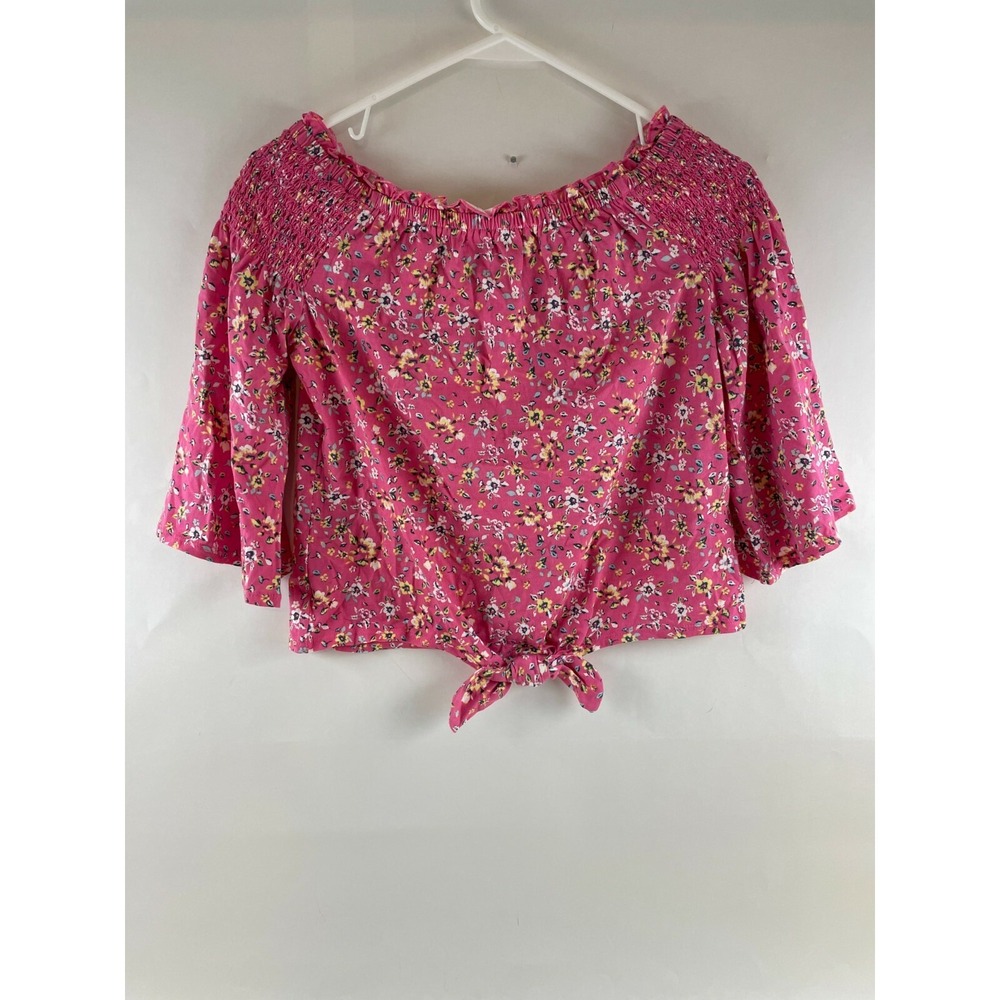 Cloud Chaser Crop Blouse Girls Size XL Pink Floral Off Shoulder Bell Sleeve